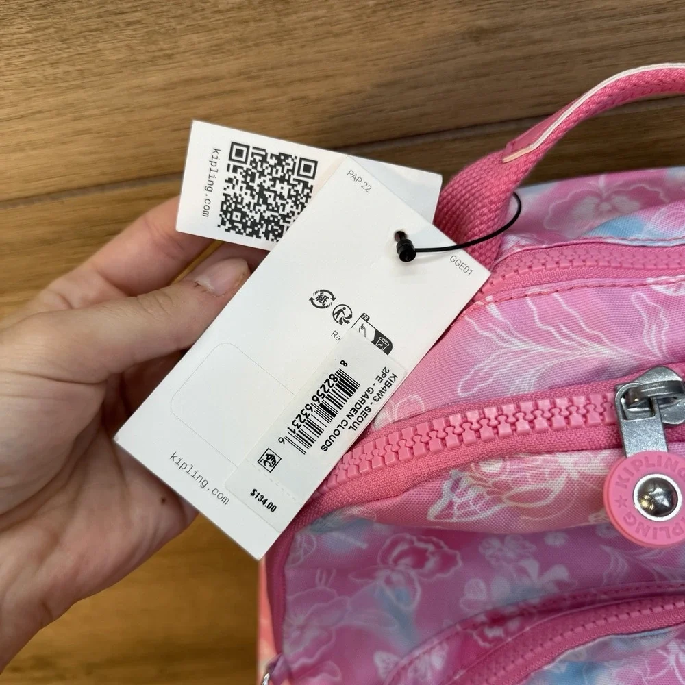 Kipling Backpack Pink Color Print Laptop Bookbag School Large NEW Seoul